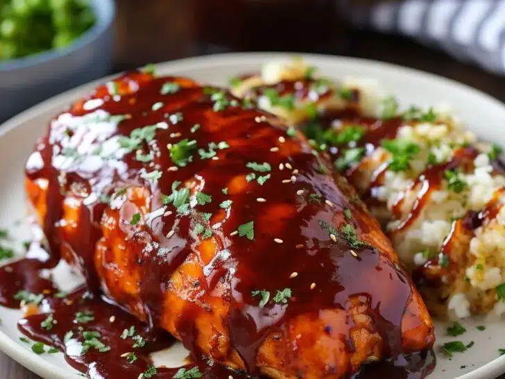 Bbq chicken is topped with bbq sauce