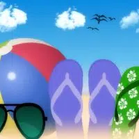 A colorful beach ball, sunglasses, and flip-flops under a best family holiday destinations blue sky with clouds and flying birds.