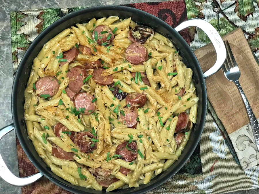 Pan filled with Cajun Alfredo made with Eckrich Smoked Sausage 