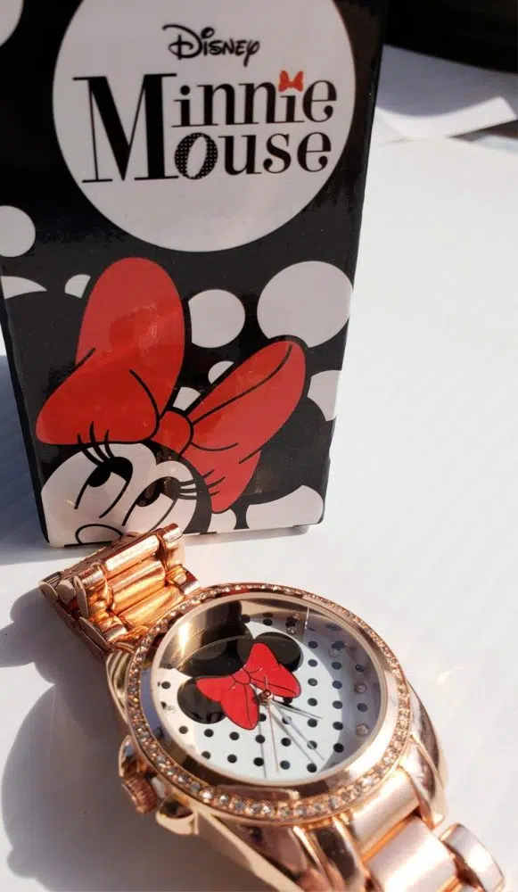 Rose Gold Minnie Mouse Watch with box in background