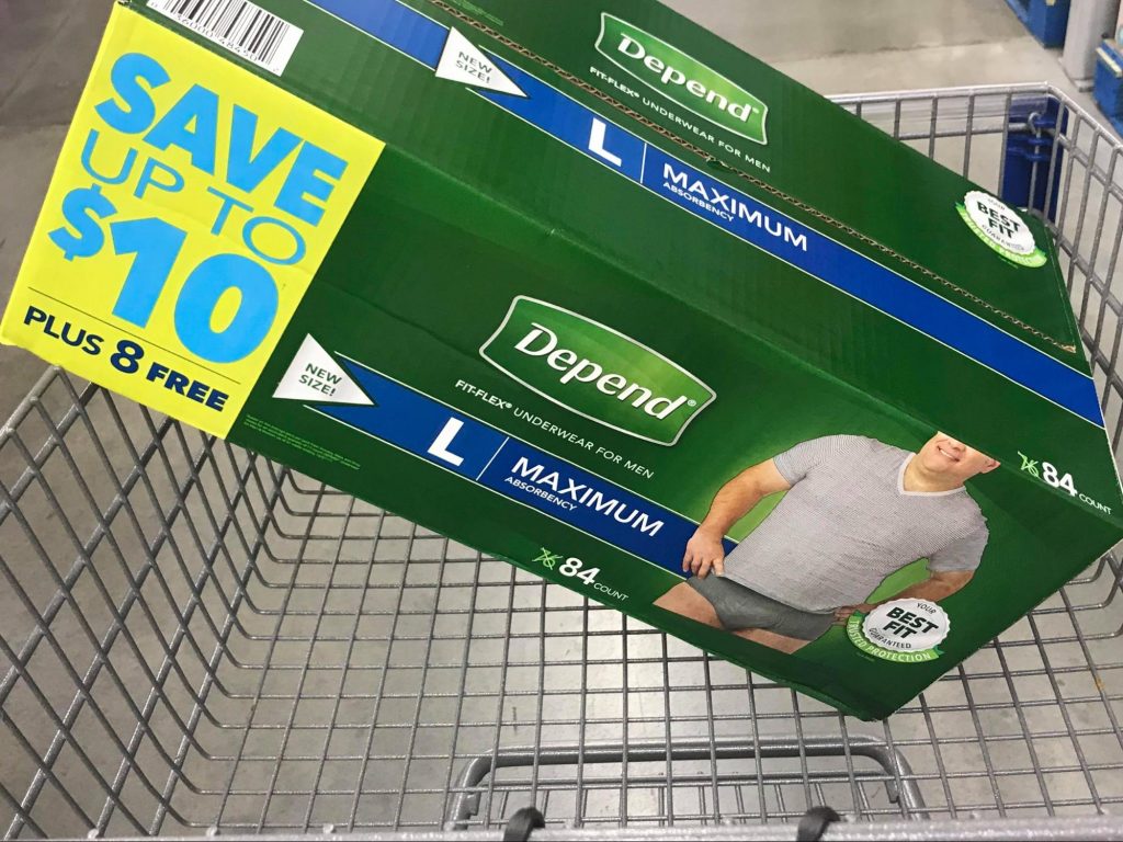 Depends in grocery cart -Sam's club