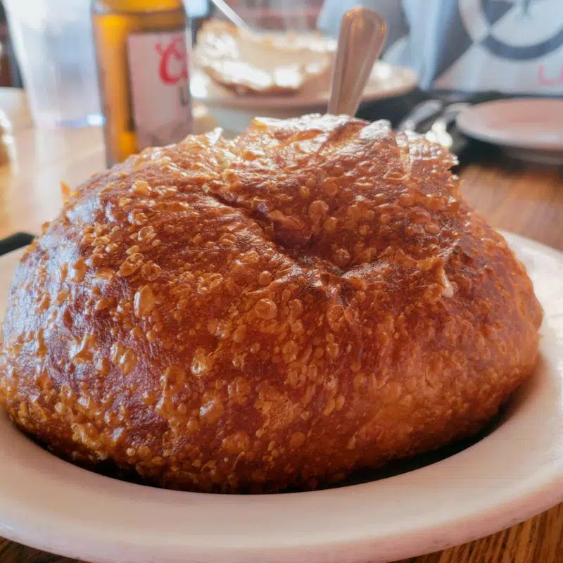 Sourdough bread bowl with clam chowder