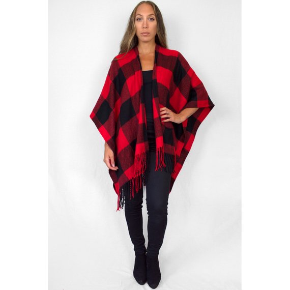 Knit Tartan Buffalo Plaid Poncho Red Black Flannel Checkered Fringe Oversized Wrap Sweater Blanket Warm Winter Holiday Women's Shawl