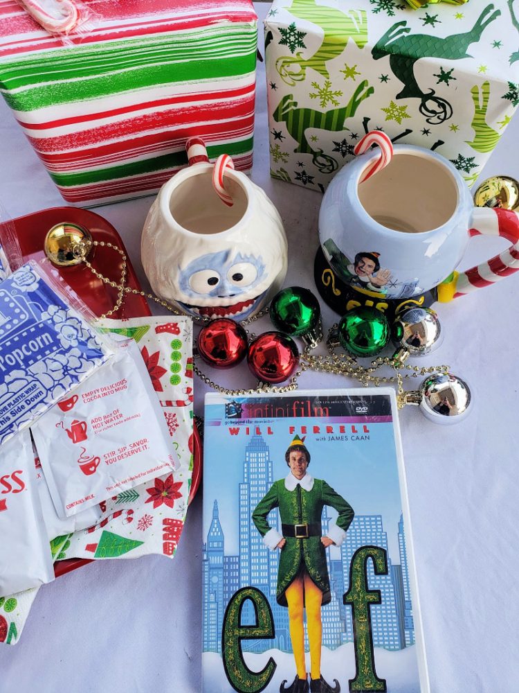 Elf moviem 2 mugs, presents, and holiday ornaments