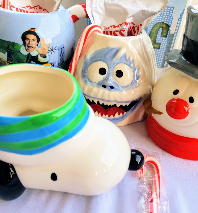 Snowman, Elf, and Snoopy Mugs