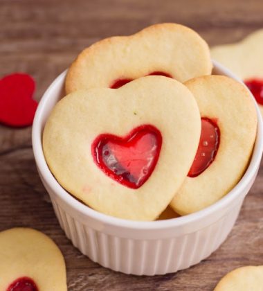 heart cookies on bowl on table