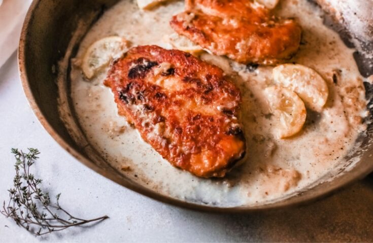 Chicken Francese in pan on table