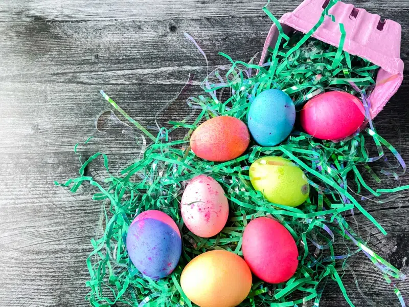 colored eggs on fake grass 