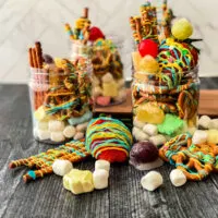 candy and pretzels in a jar