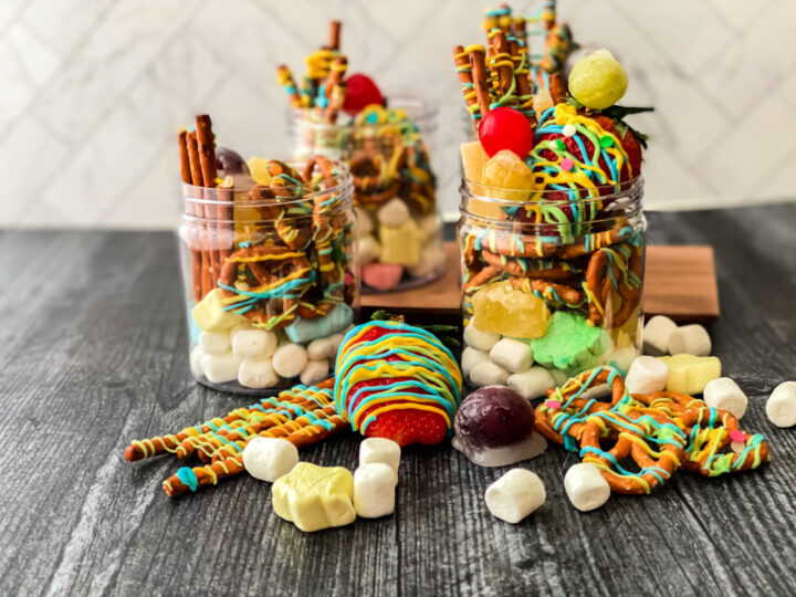candy and pretzels in a jar