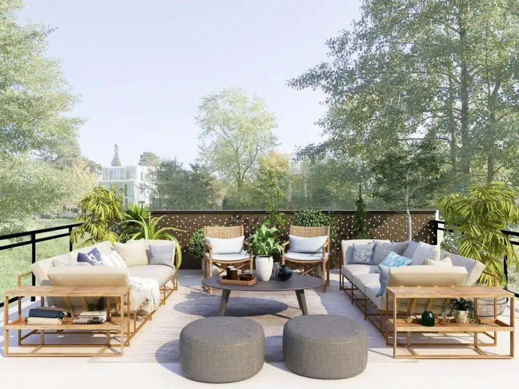 A 3D renderinHow To Choose The Right Lighting Fixtures For Your Patiog of a patio with furniture and plants, showcasing the lighting fixtures.