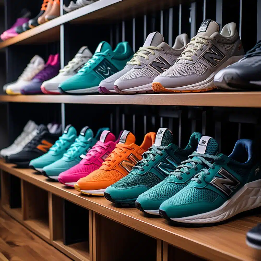 A row of Limited Edition new balance sneakers on a shelf.