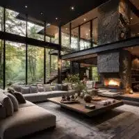 Modern home design featuring a large stone fireplace, expansive windows overlooking a forest, and luxurious minimalist furniture in the living room.
