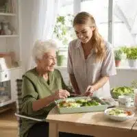 A young woman provides home healthcare by helping an elderly woman eat a healthy meal at a well-lit dining table.