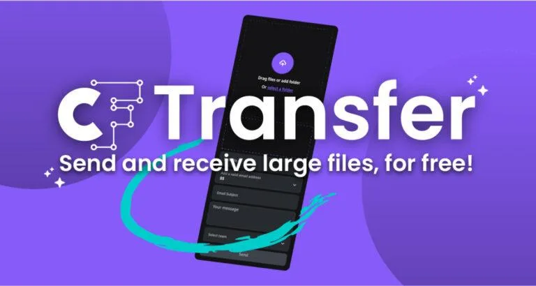 Graphic with the text: "Transfer - Send and receive large files, for free!" displaying a smartphone screen suggesting file upload options. The background is purple with circular and abstract design elements, emphasizing Creative Fabrica's Transfer Service.