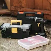 Toolboxes placed near wooden door
