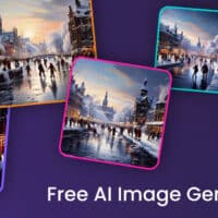 Four images of a cityscape at sunset, framed by a purple background with the text