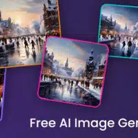 Four images of a cityscape at sunset, framed by a purple background with the text 