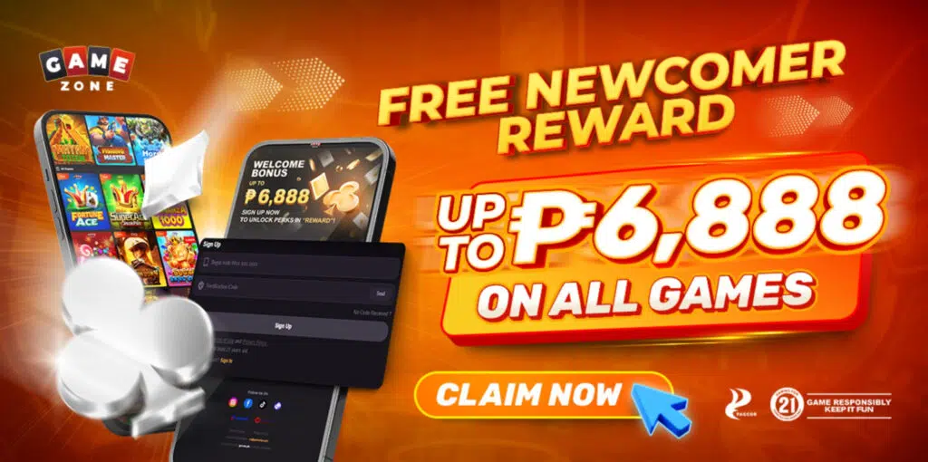 Promotional banner offering a free newcomer reward of up to ₱6,888 on all games, featuring Filipino card games in the digital world. Includes a "Claim Now" button and images of mobile devices displaying game content.