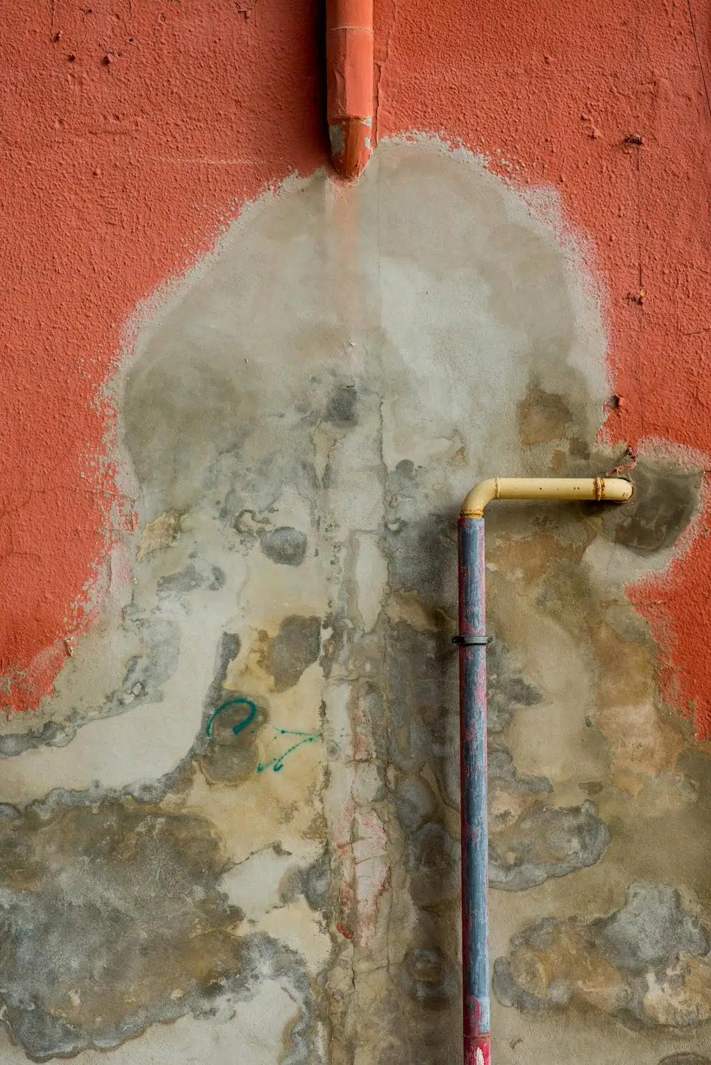A textured wall with peeling paint and exposed rusty pipes showing effects of water damage.